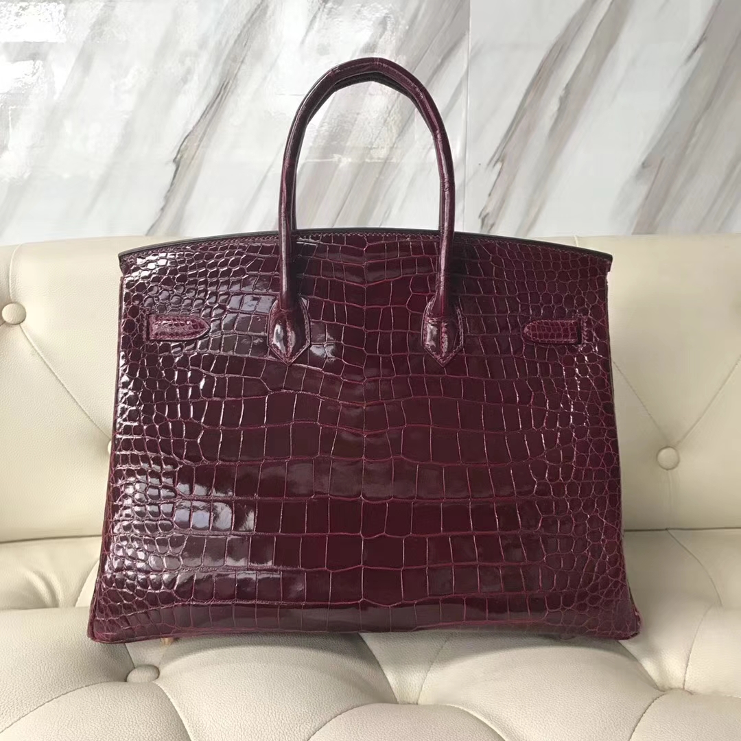Hermès（爱马仕）Birkin shiny porosus 亮面澳洲湾鳄 F5勃艮第酒红 蜡线全手工 金扣 35cm