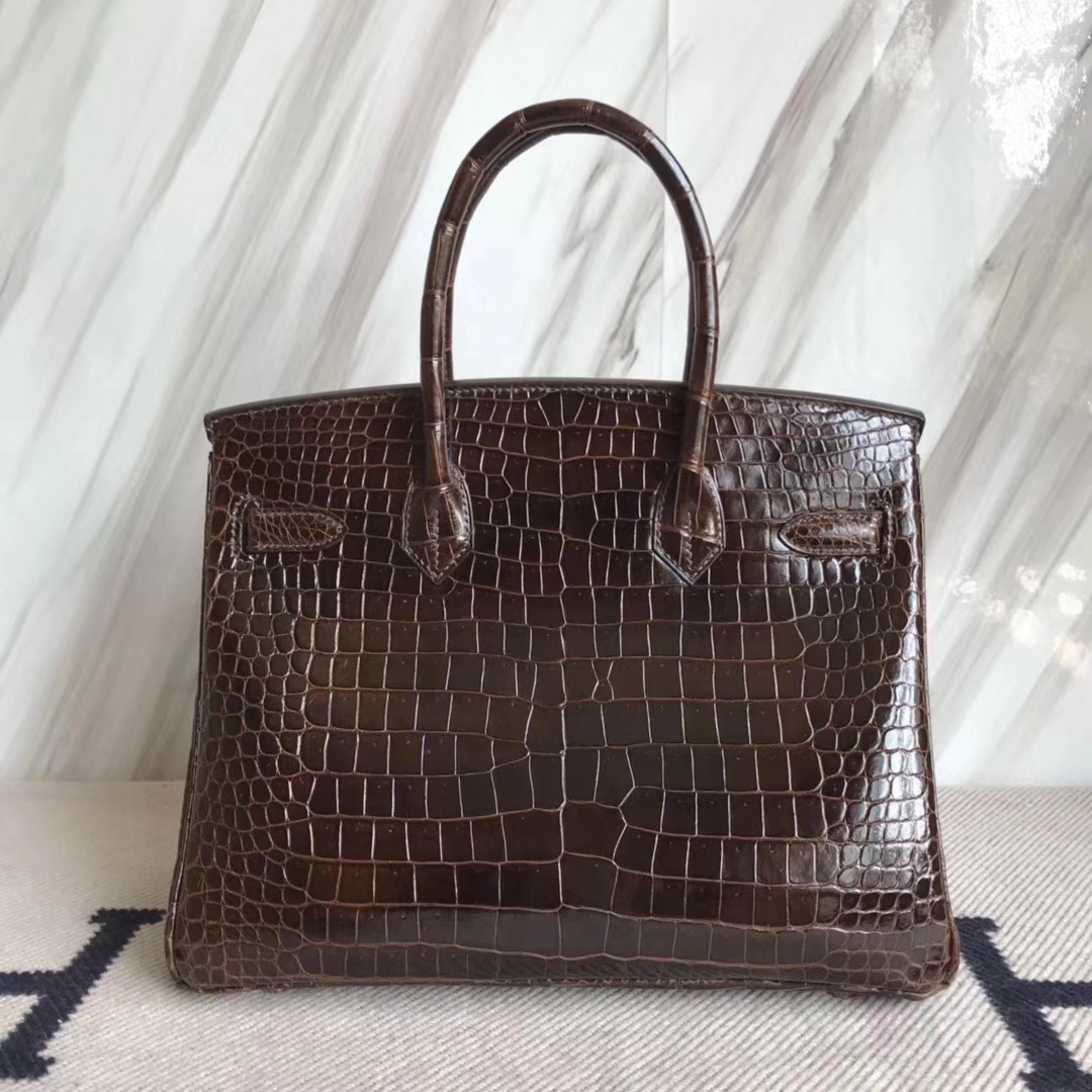Hermès（爱马仕）Birkin30cm Porosus shiny 亮面澳洲湾鳄  咖啡色 巧克力色 金扣