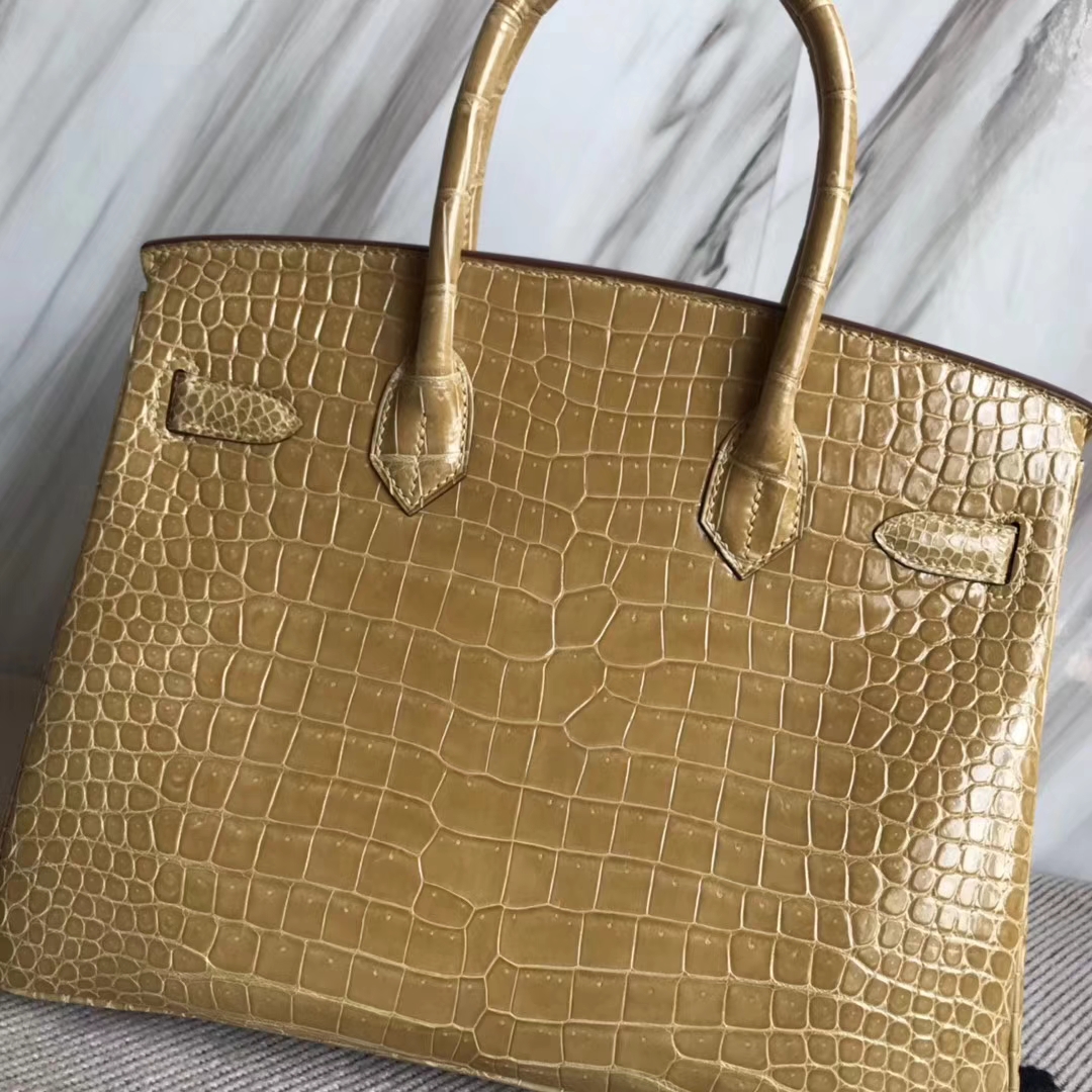 Hermès（爱马仕）Birkin30cm Porosus shiny 亮面澳洲湾鳄  杏色 奶茶色 金扣