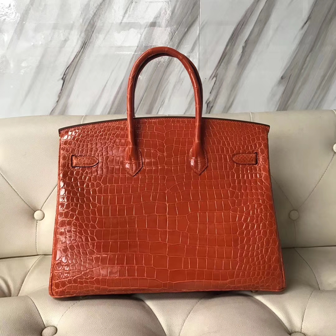 Hermès（爱马仕）Birkin Porosus shiny 亮面鳄鱼 8V 罂粟橘 金扣 35cm