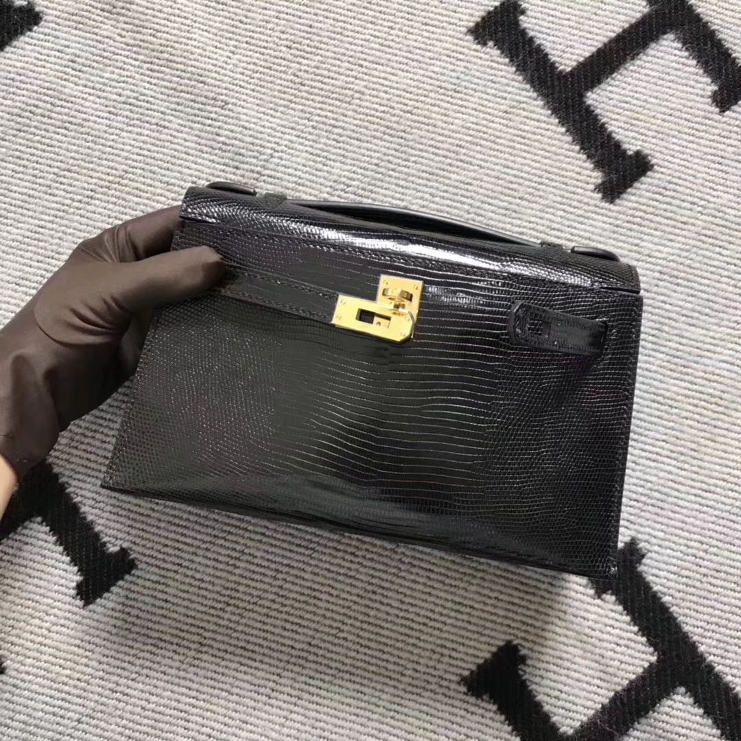 Hermès（爱马仕）蜥蜴皮 minikelly 22cm  黑金 好久没做过蜥蜴皮的现货