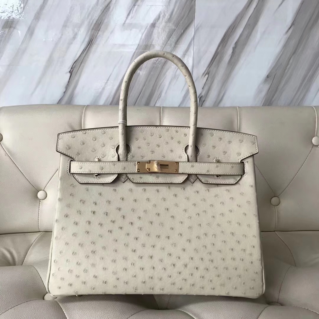Hermès（爱马仕）Birkin Ostrich kk鸵鸟 3C 羊毛白 金扣 30cm
