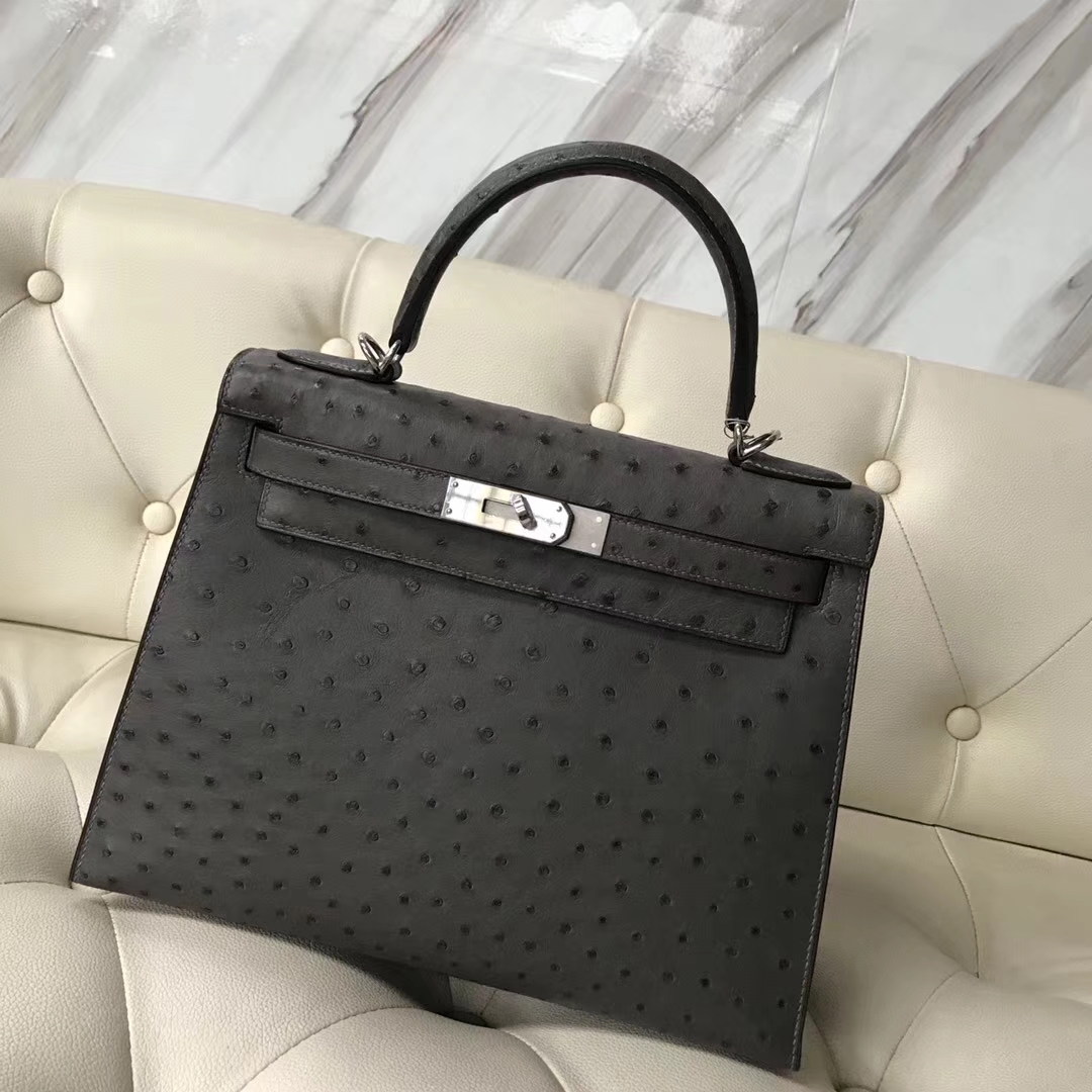 Hermès(爱马仕)Kelly28cm ostrich kk鸵鸟 顶级鸵鸟皮 锡器灰 接受定制-拉尔森鳄鱼皮具定制 - 爱马仕包包官网 Hermès(爱马仕)Kelly28cm ostrich kk鸵鸟 顶级鸵鸟皮 锡器灰 接受定制