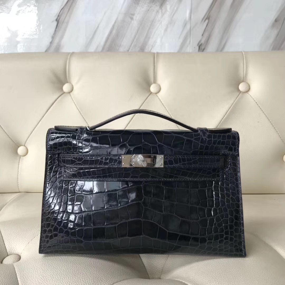 Hermès（爱马仕）Minikelly pochette 亮面鳄鱼 7k 深海蓝 银扣 手拿包 晚宴包 22cm