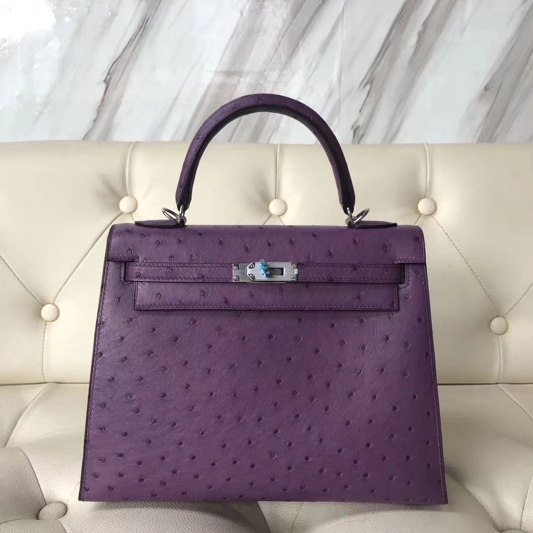Hermès（爱马仕）Kelly25cm ostrich kk鸵鸟 P9海葵紫 顶级工艺 蜡线全手工 银扣 接受定制