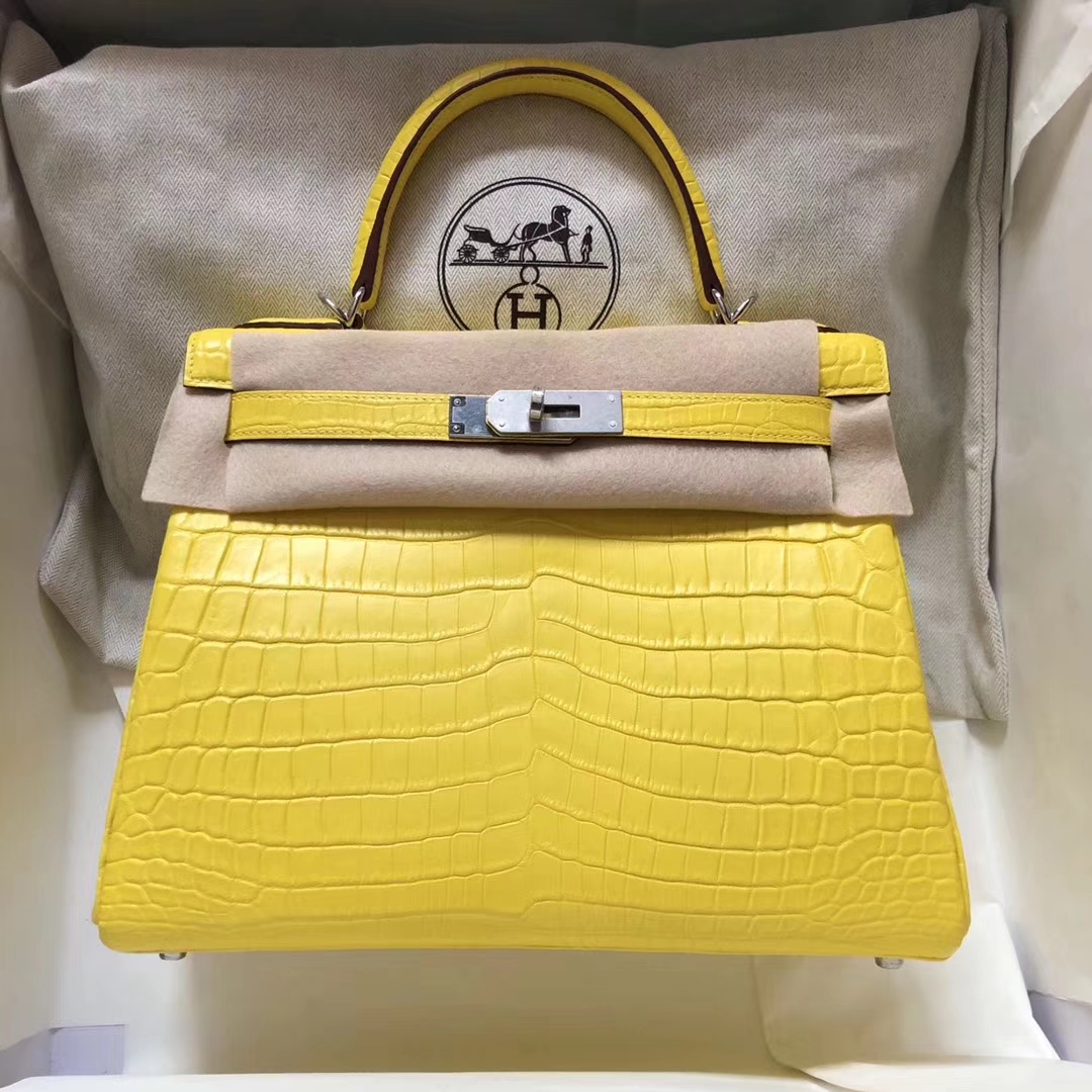 Hermès（爱马仕）Kelly Matt crocodile 雾面尼罗鳄 9R柠檬黄 28cm