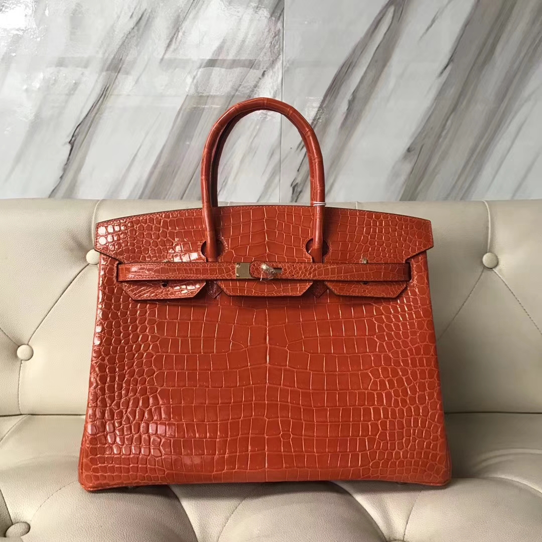 Hermès（爱马仕）Birkin Porosus shiny 亮面鳄鱼 8V 罂粟橘 金扣 35cm