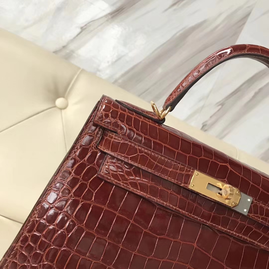 Hermès（爱马仕）Kelly28cm shiny porosus crocodile 澳洲湾鳄 ck31蜜糖棕 蜡线全手工