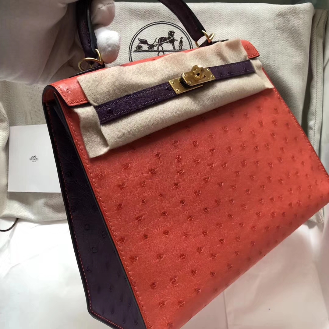Hermès（爱马仕）Kelly Ostrich kk 鸵鸟 A5 杜鹃红 9w 梦幻紫 金扣 马蹄印 25cm