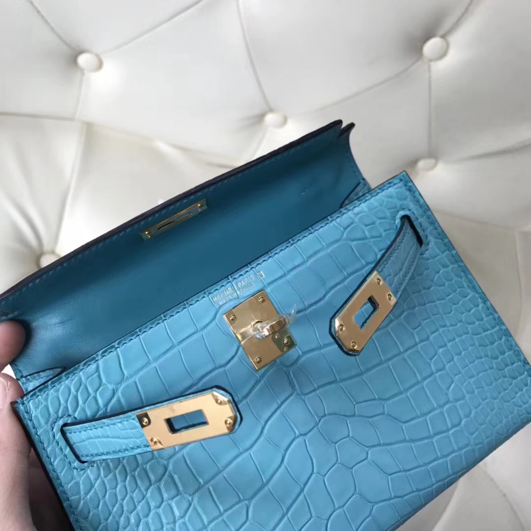 Hermès（爱马仕）Minikelly ll Alligator matt 雾面鳄鱼 3Z 圣西尔蓝 金扣