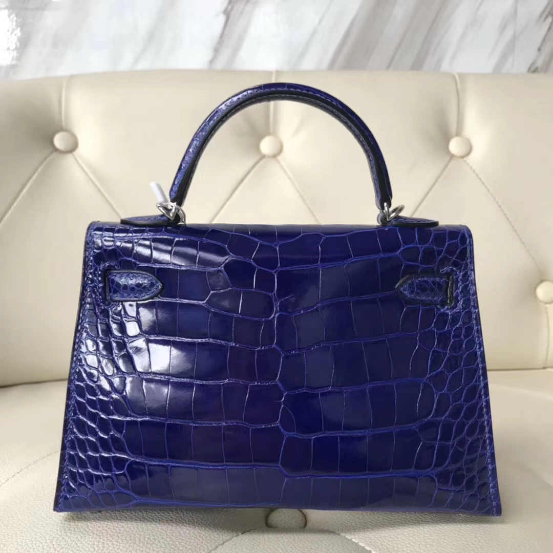 Hermès（爱马仕）Kelly 2代 19cm shiny alligator crocodile 亮面框框鳄鱼 7T电光蓝 顶级工艺 蜡线全手工 银扣