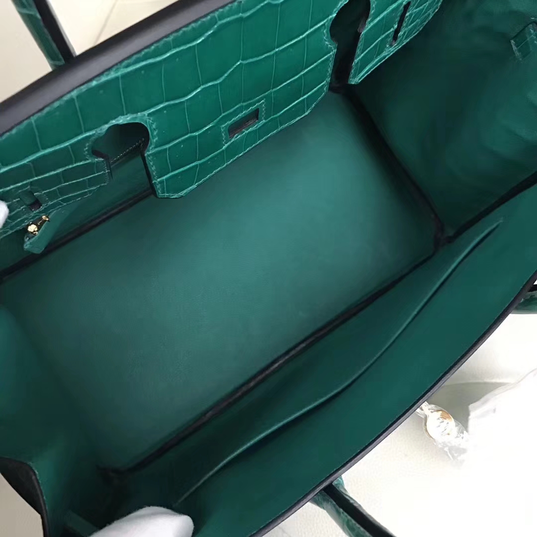 Hermès（爱马仕）Birkin30cm shiny porosus crocodile 亮面澳洲湾鳄 6Q翡翠绿 蜡线全手工 金扣