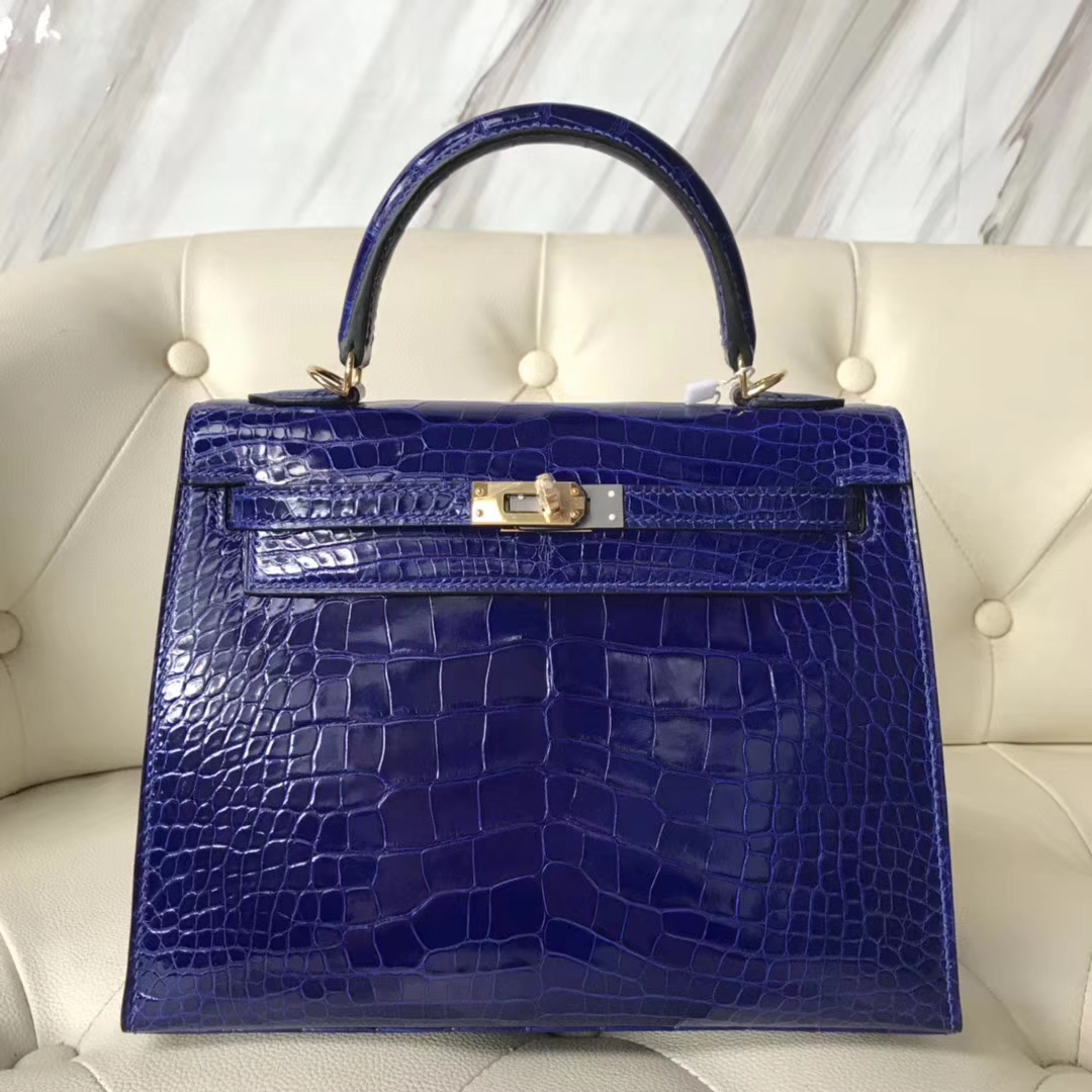 Hermès（爱马仕）Kelly25cm Crocodile shiny 亮面鳄鱼 7T 电光蓝 Blue eletric 金扣