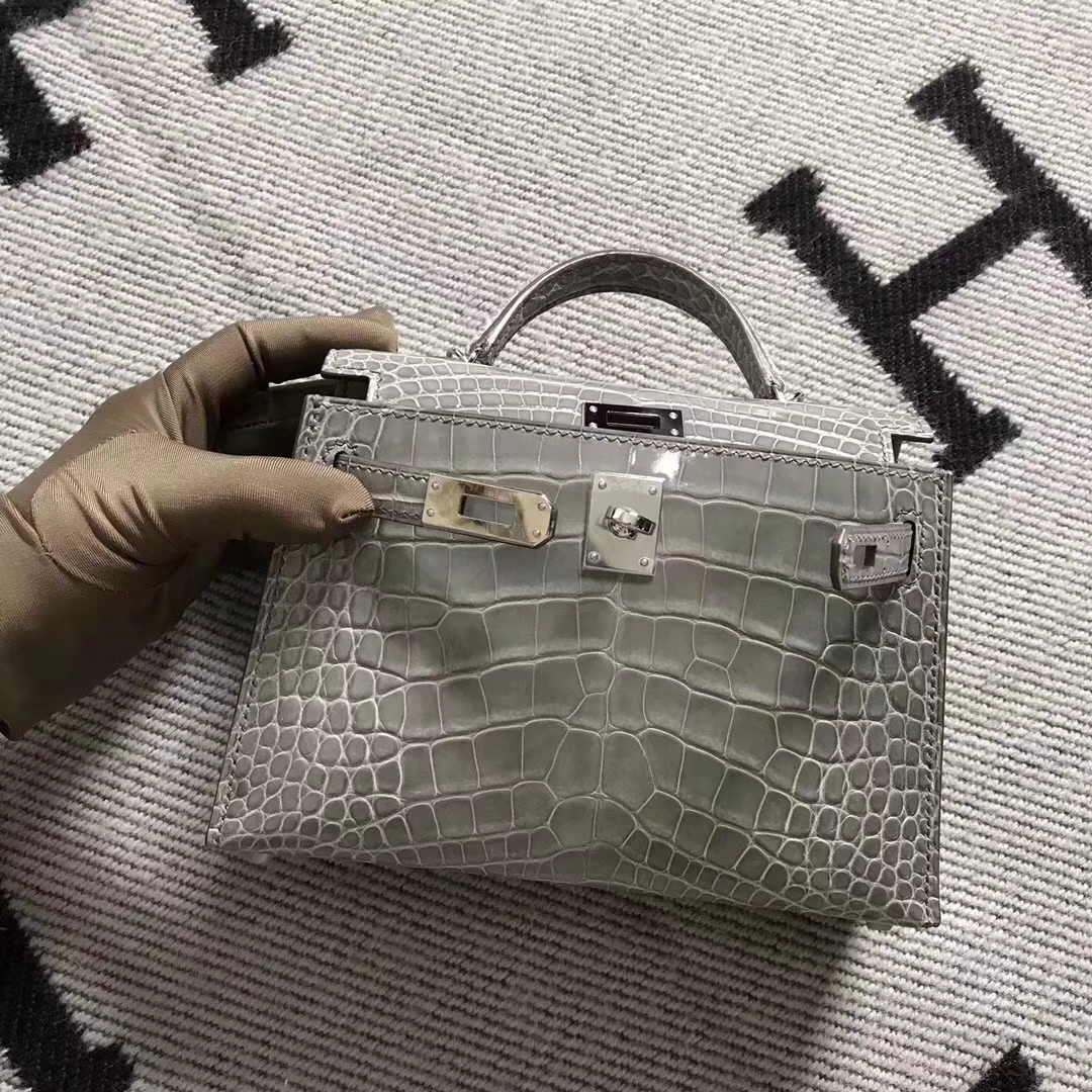 Hermès（爱马仕）亮面美洲鳄鱼mini 2代 斑鸠灰