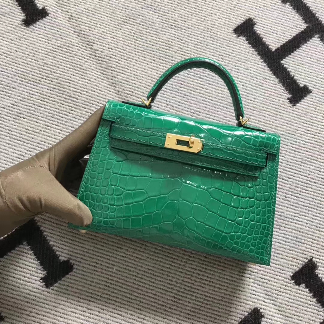 Hermès（爱马仕）亮面美洲鳄鱼 mini 2代 翡翠绿 金扣