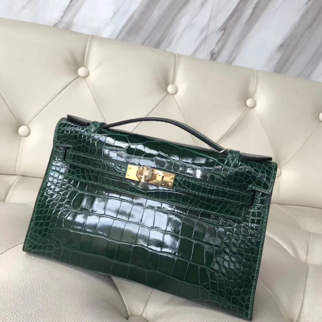 Hermès（爱马仕）Minikelly pochette 亮面鳄鱼 ck67 祖母绿 金扣 手拿包 晚宴包 22cm