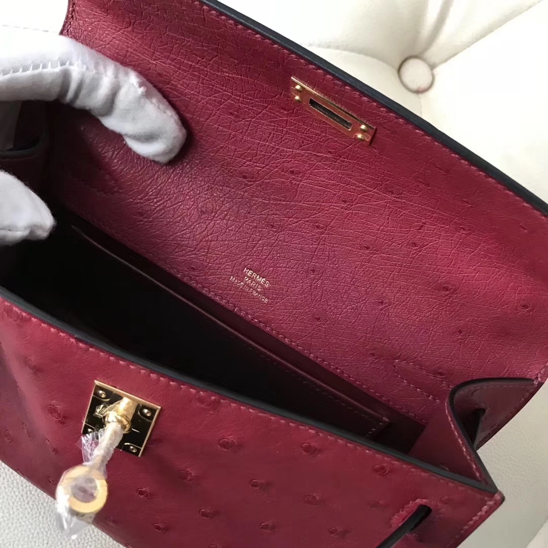 Hermès（爱马仕）Mini Kelly 22cm ostrich kk鸵鸟  枣红色 顶级工艺 蜡线全手工 接受定制
