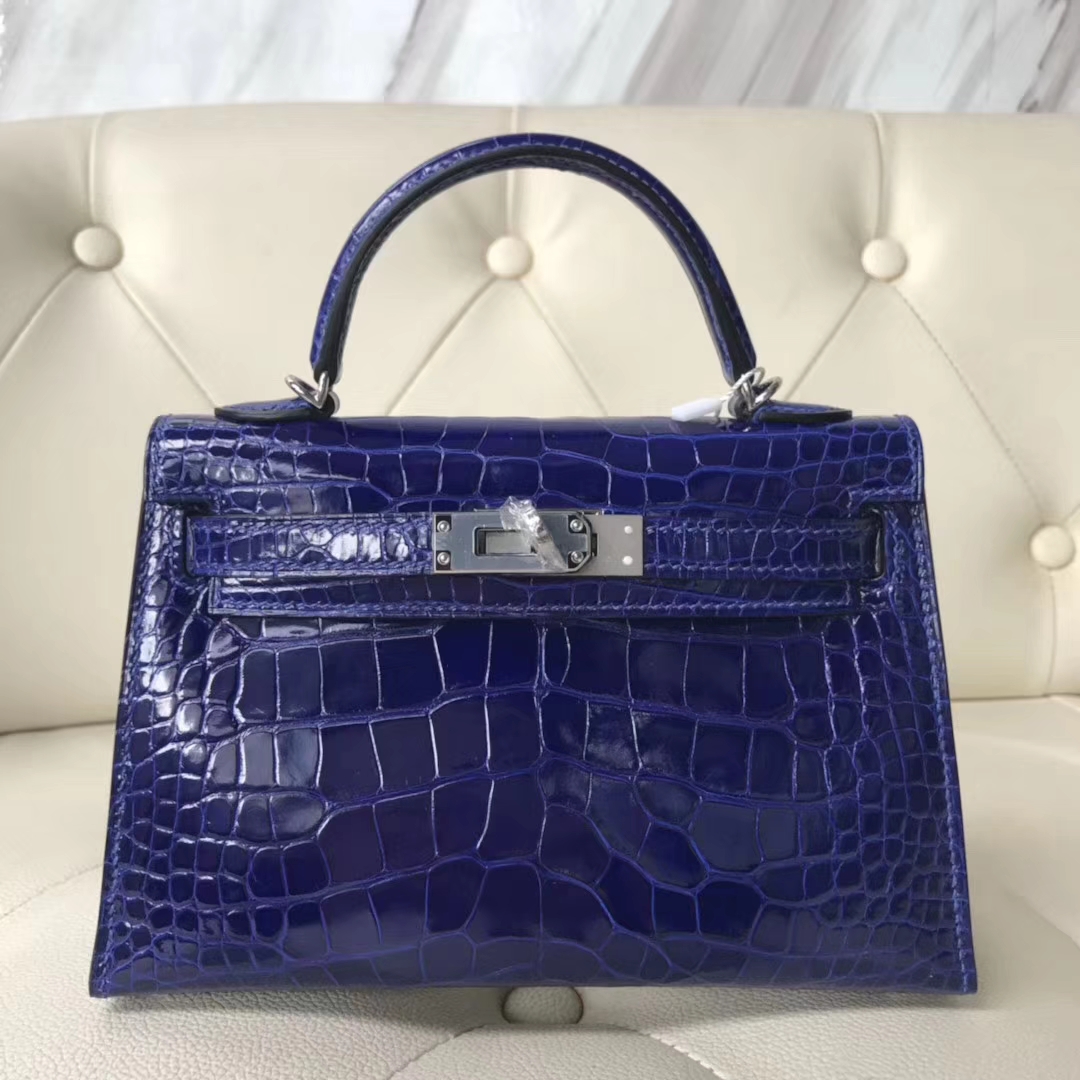 Hermès（爱马仕）Kelly 2代 19cm shiny alligator crocodile 亮面框框鳄鱼 7T电光蓝 顶级工艺 蜡线全手工 银扣