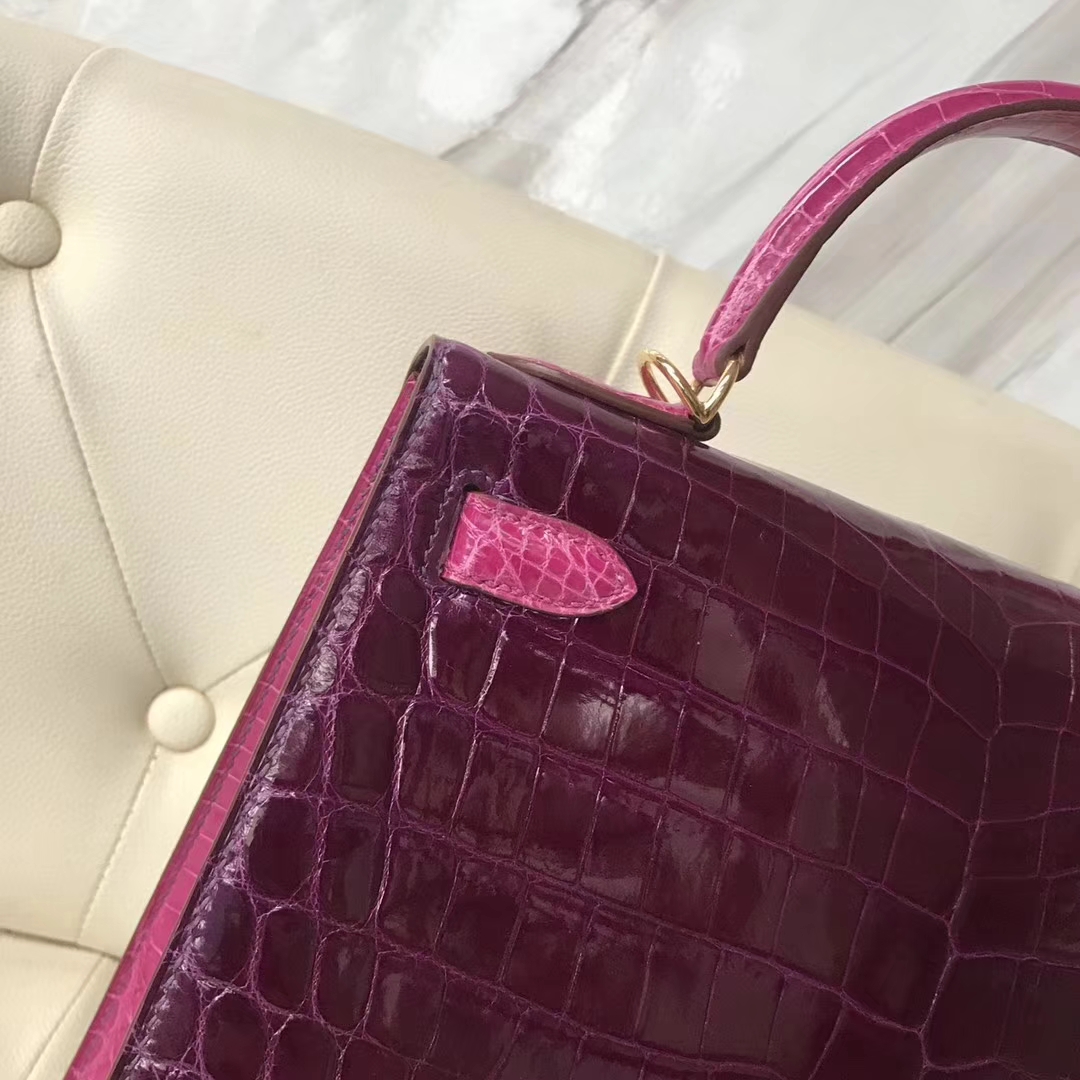 Hermès（爱马仕）Kelly shiny crocodile 亮面尼罗鳄 N5加仑紫拼J5天方夜谭粉紫 金扣 28cm