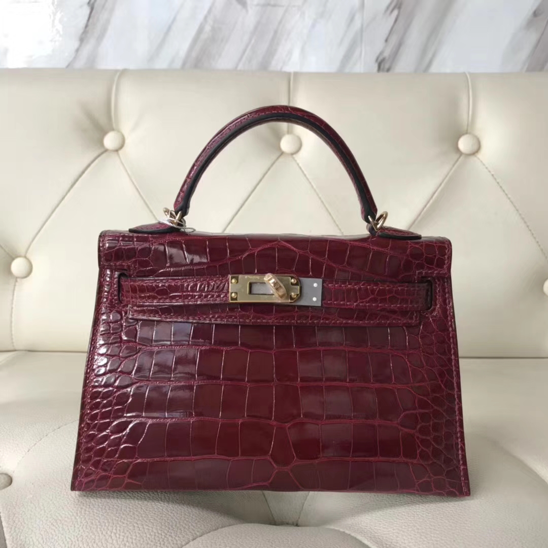 Hermès（爱马仕）Minikelly ll Alligator shiny 亮面鳄鱼  F5 勃艮第酒红 新酒红 金扣