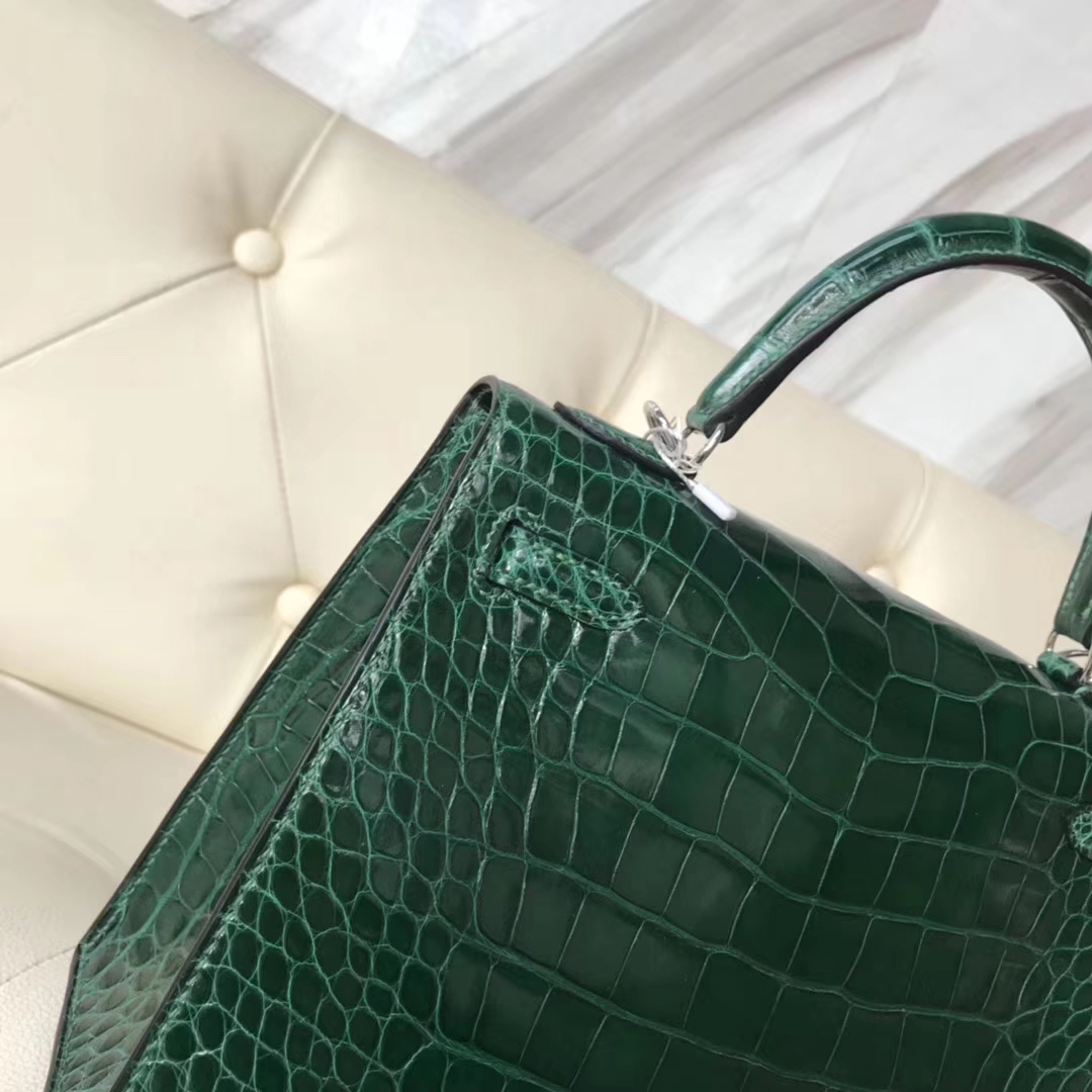 Hermès（爱马仕）Kelly25cm Alligator shiny 亮面鳄鱼 ck67 祖母绿 vert fonce 银扣