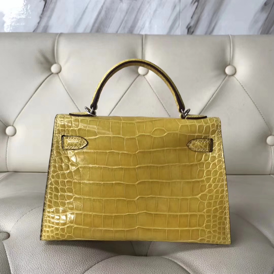 Hermès（爱马仕）Kelly2代 19cm shiny alligator crocodile 亮面框框鳄鱼 9R柠檬黄 蜡线全手工 银扣