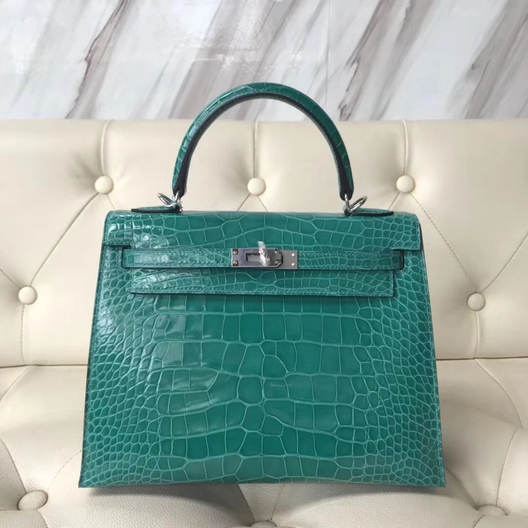 Hermès（爱马仕）Kelly25cm Alligator shiny 亮面方块鳄鱼 6Ｑ 翡翠绿 银扣