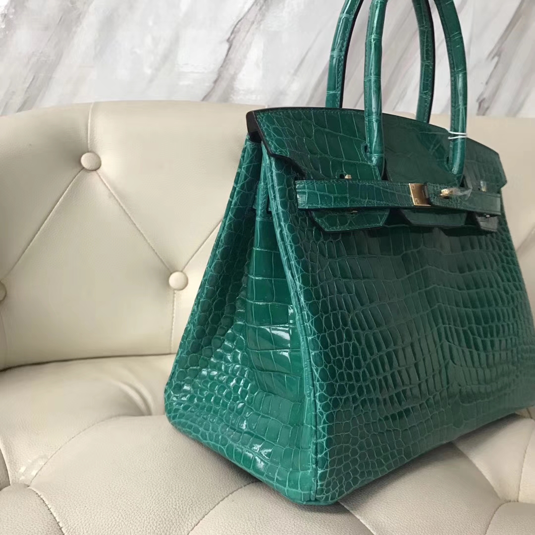 Hermès（爱马仕）Birkin30cm shiny porosus crocodile 亮面澳洲湾鳄 6Q翡翠绿 蜡线全手工 金扣