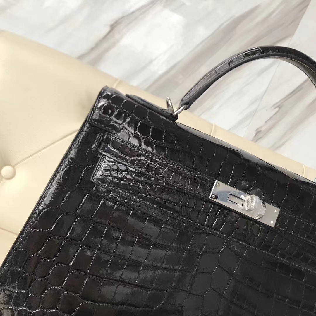 Hermès（爱马仕）Kelly shiny nilo crocodile 亮面尼罗鳄 ck89黑色 蜡线全手工 银扣 32cm