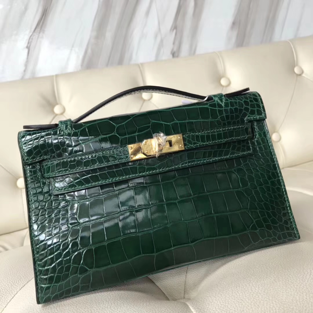 Hermès(爱马仕)Minikelly pochette 亮面鳄鱼 ck67 祖母绿 金扣 手拿包 晚宴包 22cm-拉尔森鳄鱼皮具定制 - 爱马仕包包官网 Hermès(爱马仕)Minikelly pochette 亮面鳄鱼 ck67 祖母绿 金扣 手拿包 晚宴包 22cm