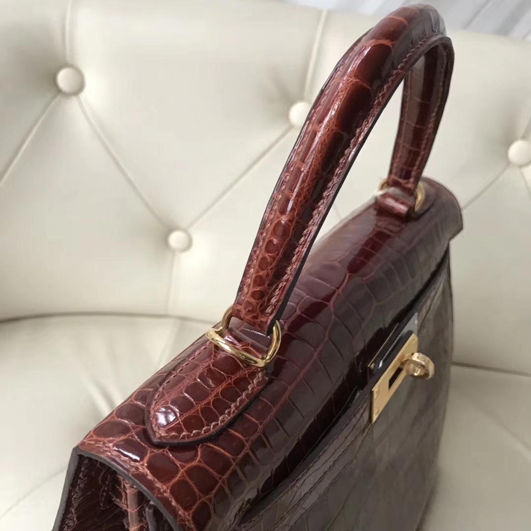 Hermès（爱马仕）Kelly28cm shiny porosus crocodile 澳洲湾鳄 ck31蜜糖棕 蜡线全手工