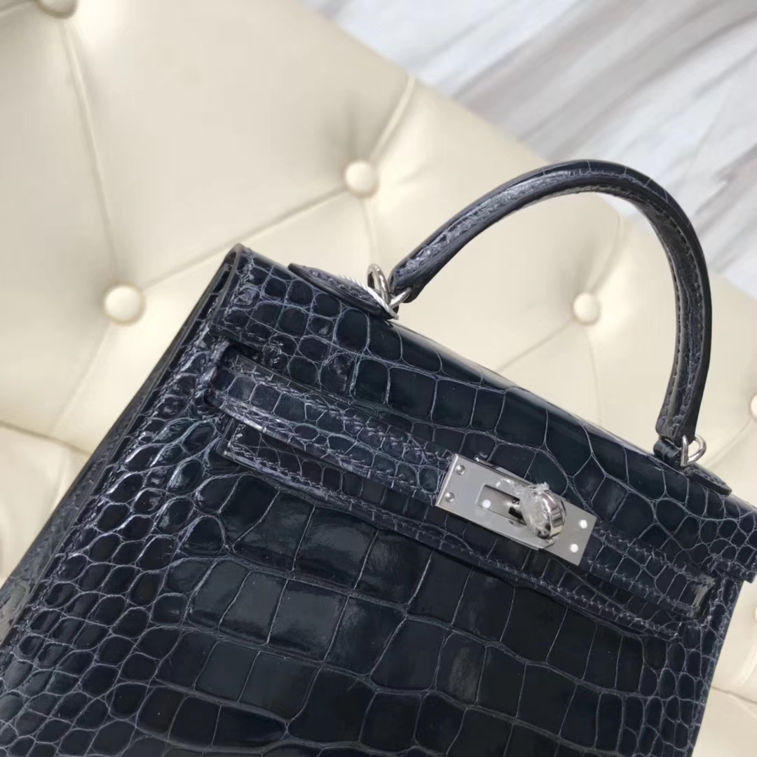 Hermès（爱马仕）Minikelly ll Alligator shiny 亮面鳄鱼 77k 深海蓝 blue indgo 银扣