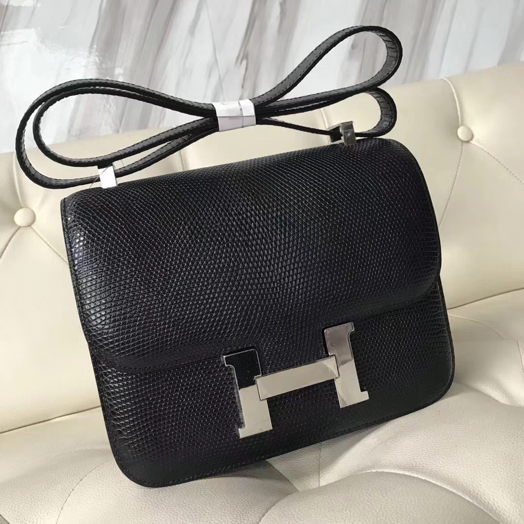 Hermès(爱马仕)Constance24cm lizard 进口亮面蜥蜴皮 ck89 黑色 银扣-拉尔森鳄鱼皮具定制 - 爱马仕包包官网 Hermès(爱马仕)Constance24cm lizard 进口亮面蜥蜴皮 ck89 黑色 银扣