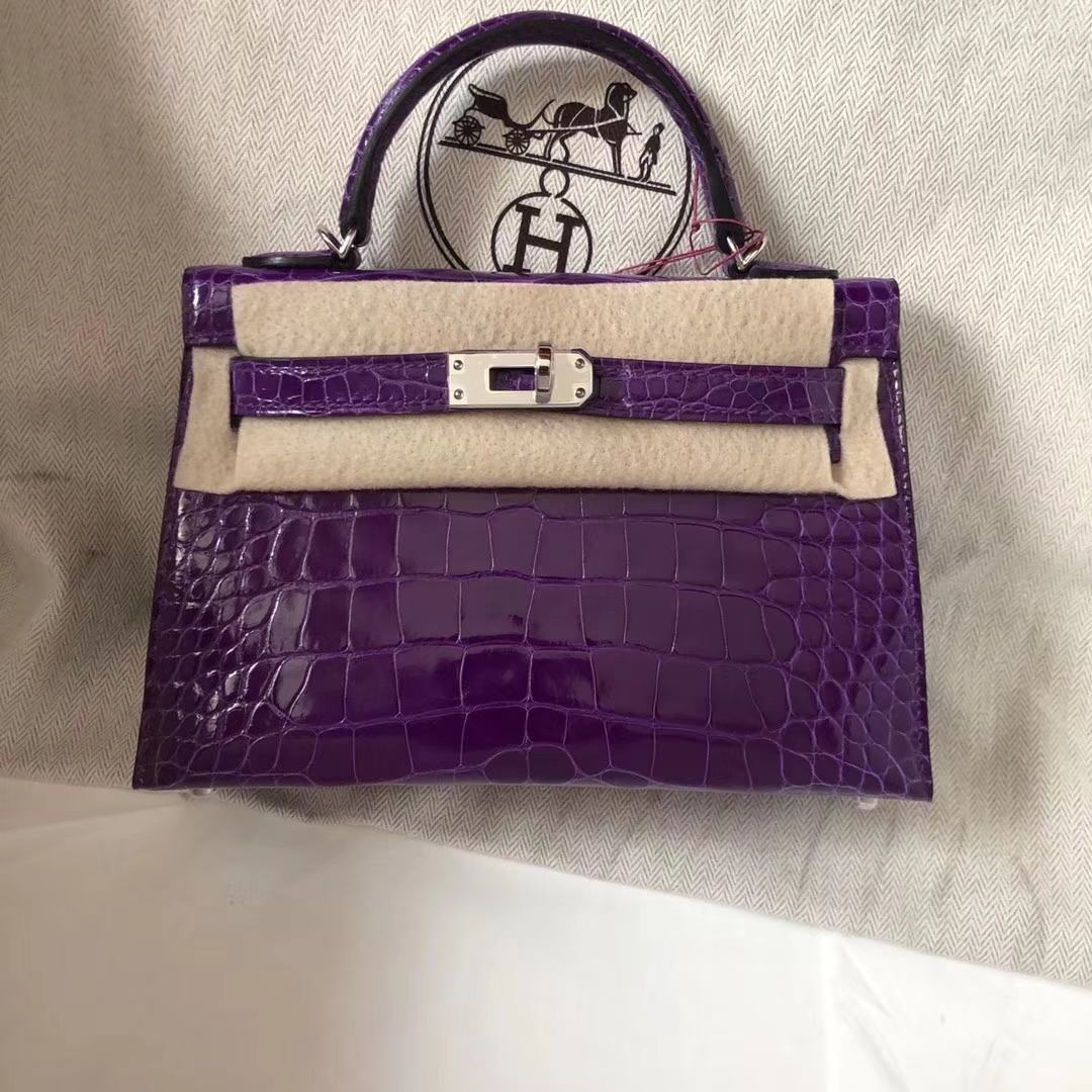 Hermès（爱马仕）Minikelly ll Alligator shiny 亮面鳄鱼  5L 极度紫 银扣