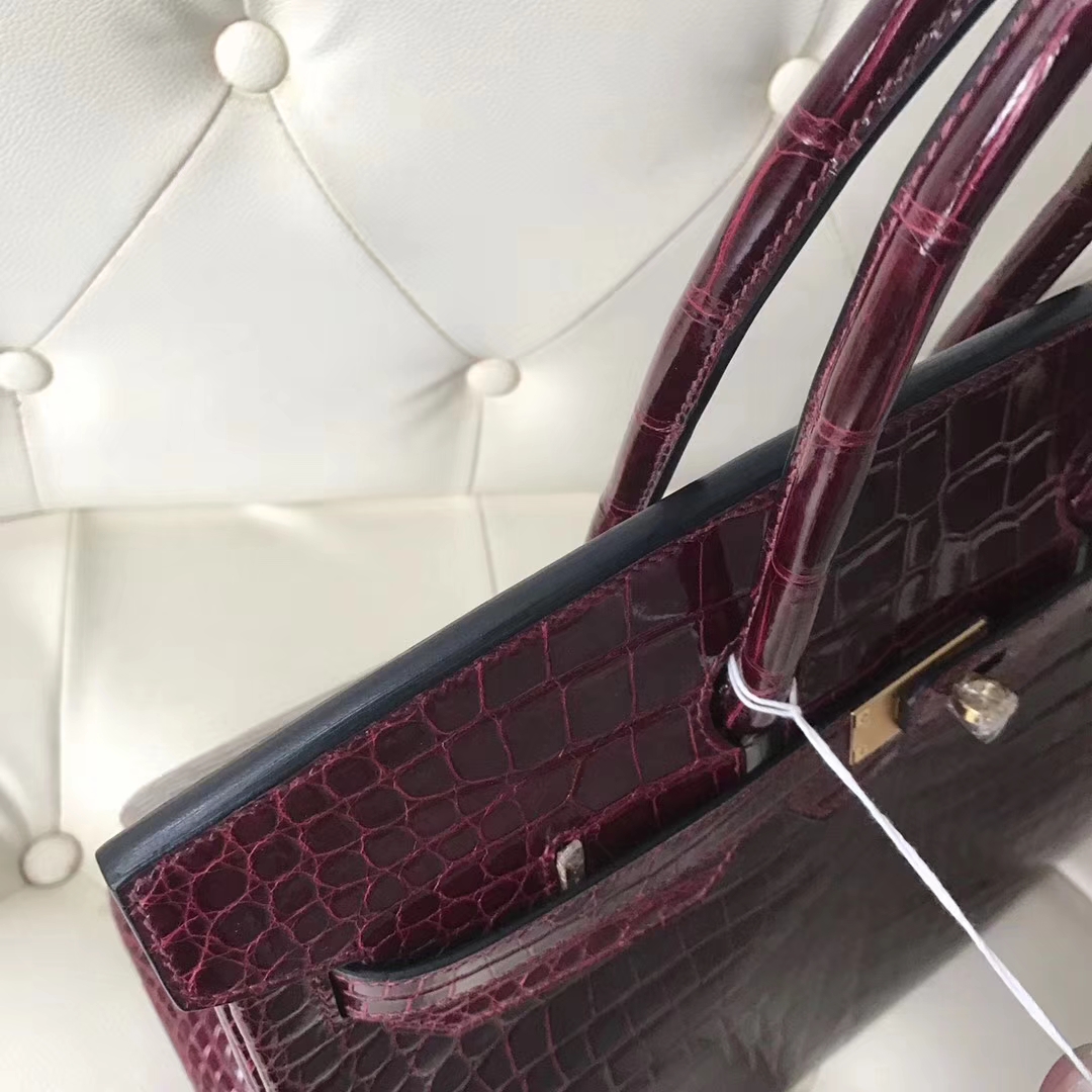 Hermès（爱马仕）Birkin shiny porosus 亮面澳洲湾鳄 F5勃艮第酒红 蜡线全手工 金扣 35cm