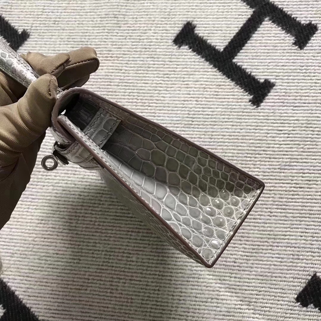 Hermès（爱马仕）亮面美洲鳄鱼mini 2代 斑鸠灰