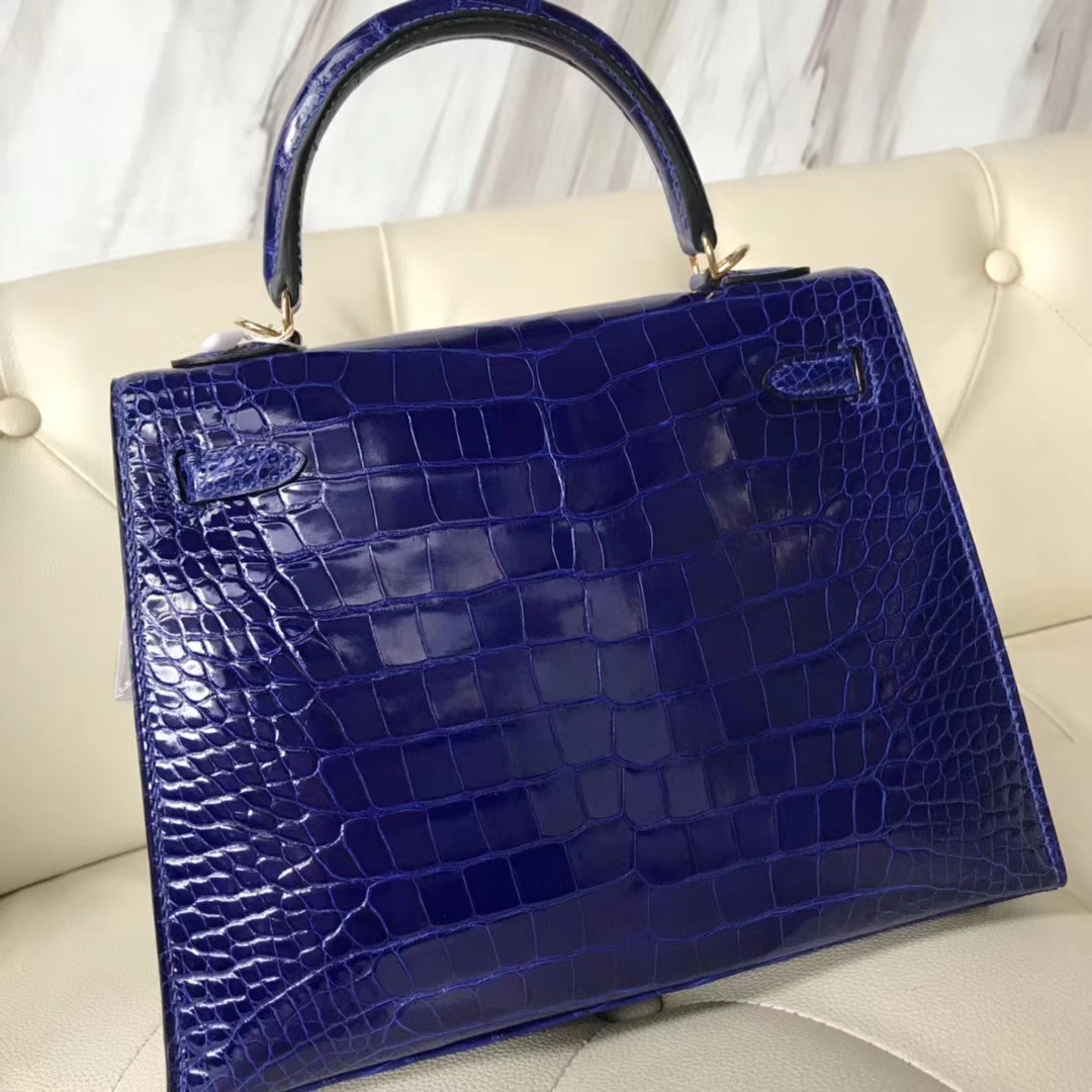 Hermès（爱马仕）Kelly25cm Crocodile shiny 亮面鳄鱼 7T 电光蓝 Blue eletric 金扣