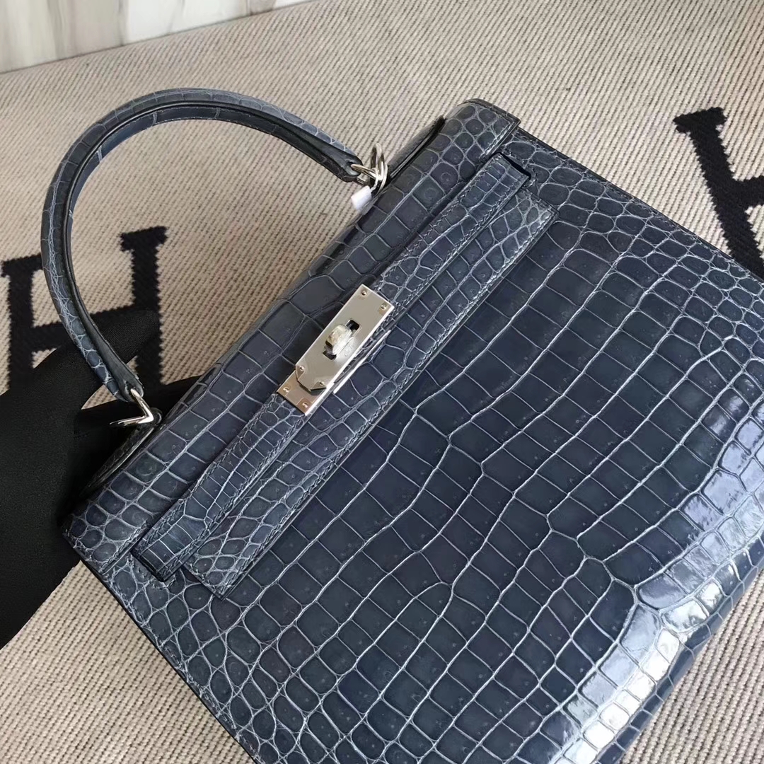 Hermès（爱马仕）Kelly 澳洲湾鳄 N7风暴蓝 顶级工艺 蜡线全手工银扣 28cm