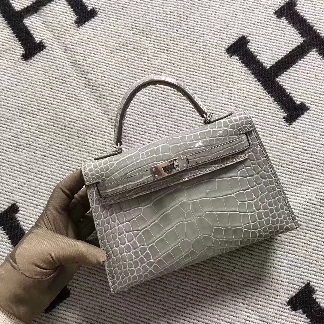Hermès（爱马仕）亮面美洲鳄鱼mini 2代 斑鸠灰