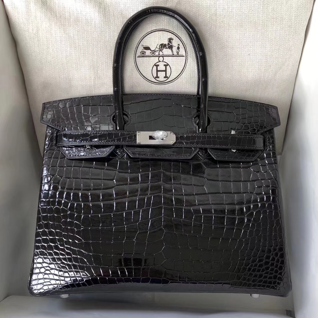 Hermès（爱马仕）Birkin30cm Porosus shiny 亮面澳洲湾鳄 ck89 黑色 银扣