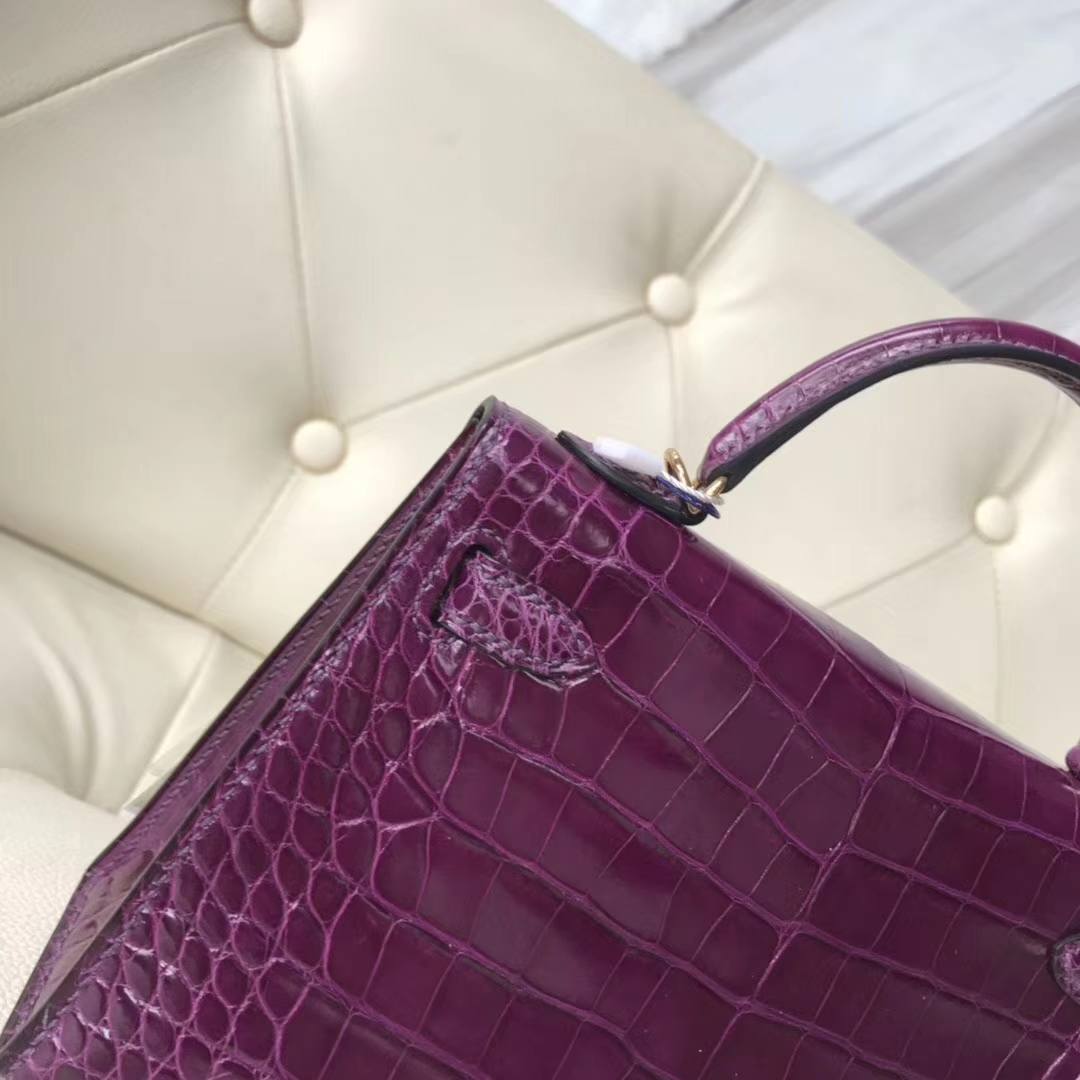 Hermès（爱马仕）Kelly 2代 19cm shiny alligator crocodile 亮面框框鳄鱼 N5加仑紫 顶级工艺 蜡线全手工  金扣