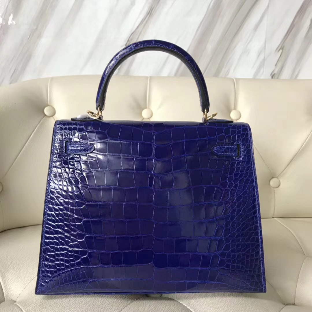Hermès（爱马仕）Kelly25cm Crocodile shiny 亮面鳄鱼 7T 电光蓝 Blue eletric 金扣