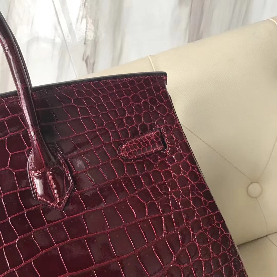 Hermès（爱马仕）Birkin shiny porosus 亮面澳洲湾鳄 F5勃艮第酒红 蜡线全手工 金扣 35cm