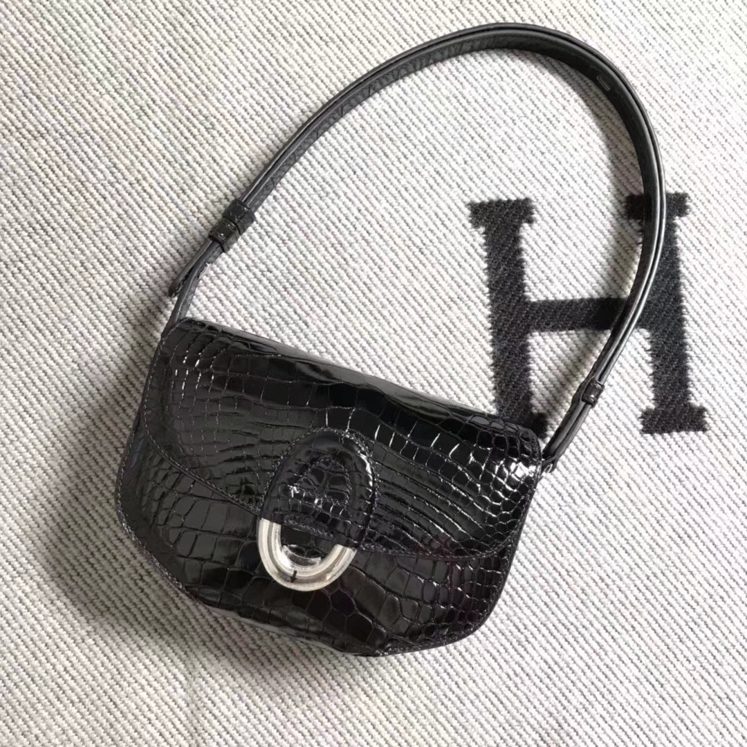 Hermès（爱马仕）Cherche midi  黑色银扣 美洲鳄新款 20cm