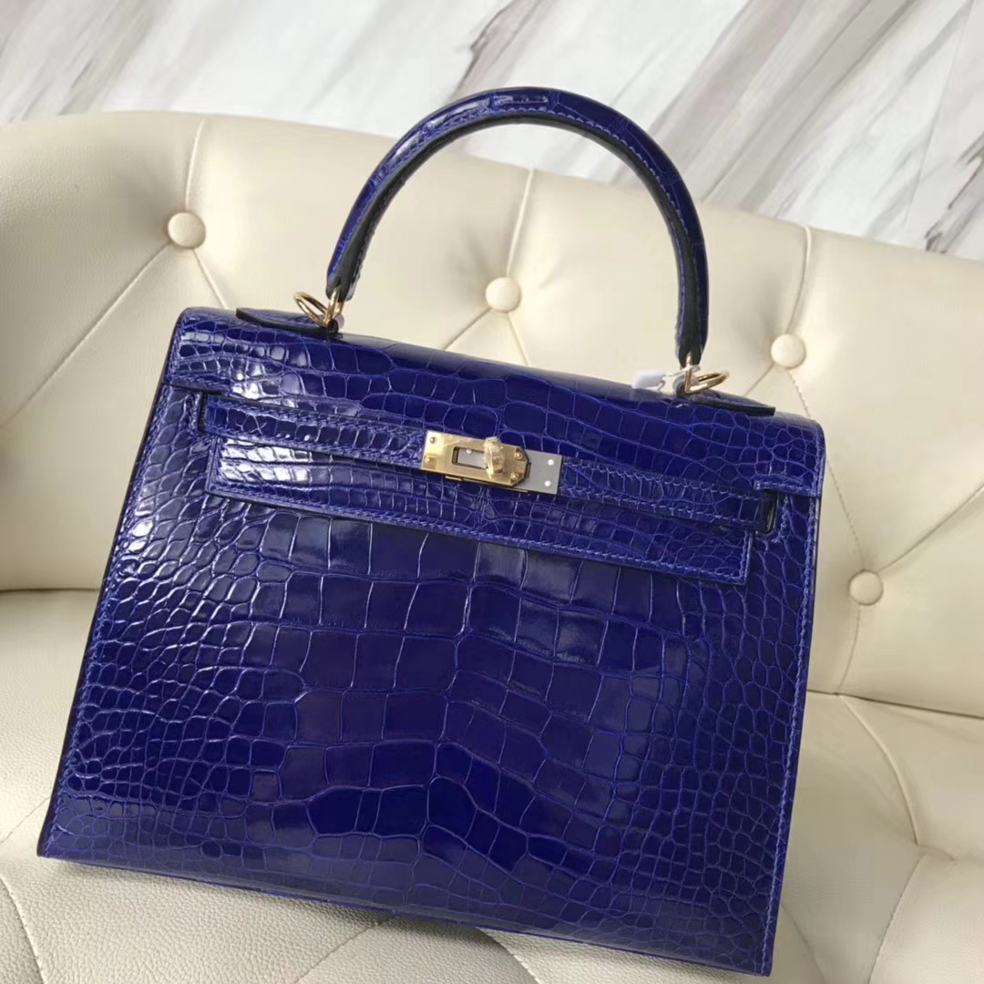 Hermès（爱马仕）Kelly25cm Crocodile shiny 亮面鳄鱼 7T 电光蓝 Blue eletric 金扣