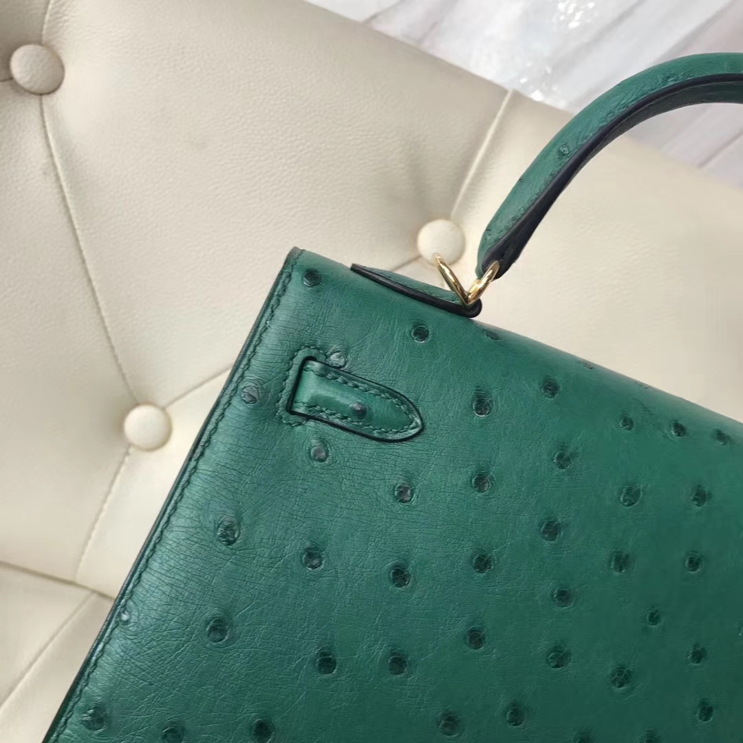 Hermès（爱马仕）Kelly ostrich kk鸵鸟 U4丝绒绿 顶级工艺 蜡线全手工 金扣 25cm