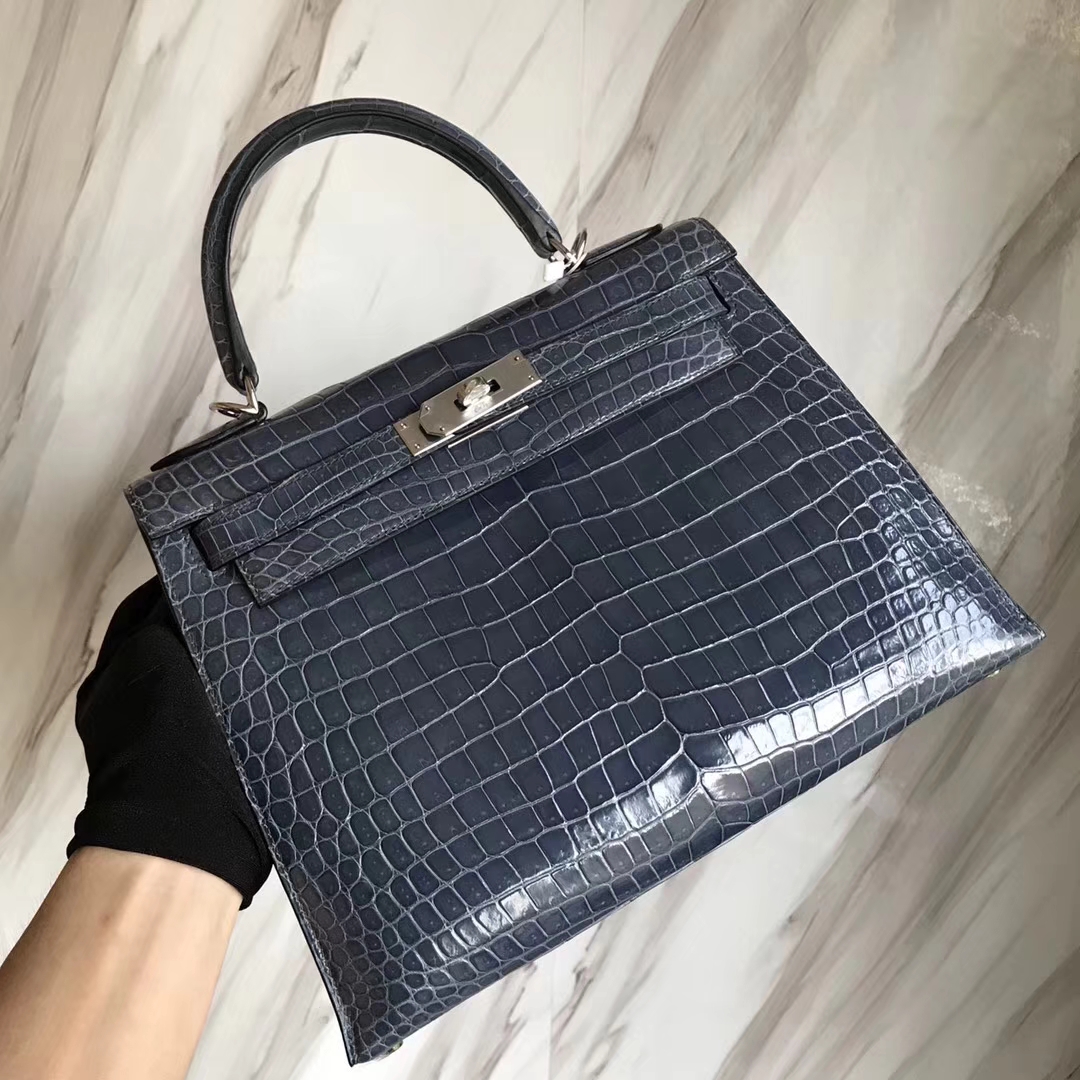 Hermès（爱马仕）Kelly 澳洲湾鳄 N7风暴蓝 顶级工艺 蜡线全手工银扣 28cm
