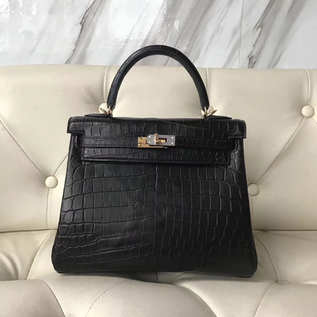 Hermès（爱马仕）Kelly Matt crocodile 雾面两点尼罗鳄 ck89黑色 蜡线全手工 金扣 25cm