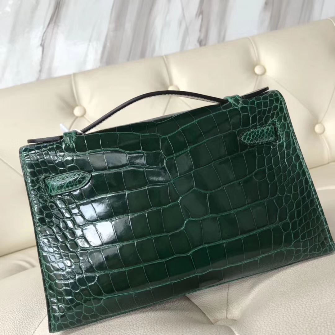 Hermès（爱马仕）Minikelly pochette 亮面鳄鱼 ck67 祖母绿 金扣 手拿包 晚宴包 22cm