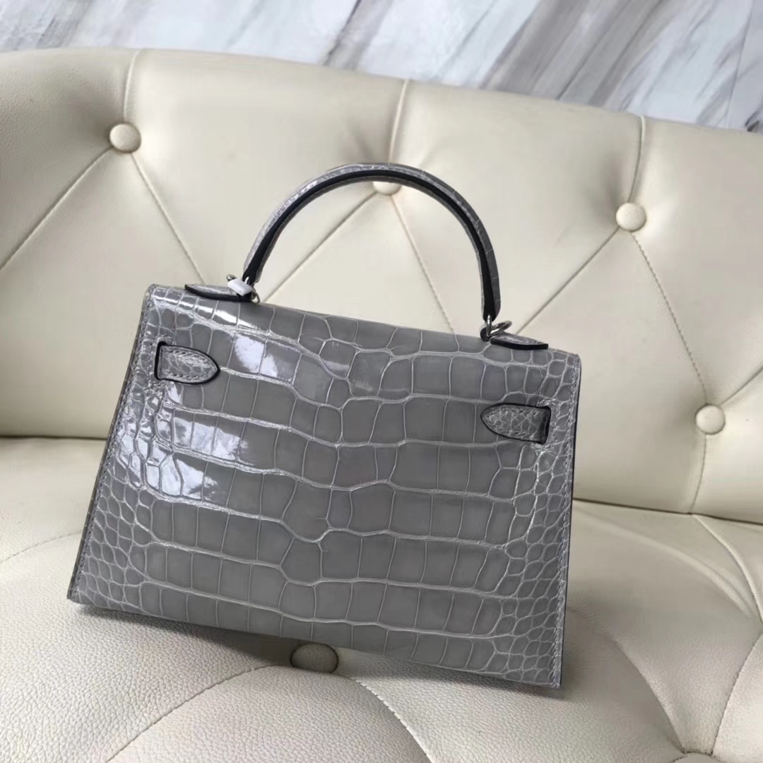 Hermès（爱马仕）Minikelly ll Alligator shiny 亮面鳄鱼 m8 巴黎灰 银扣